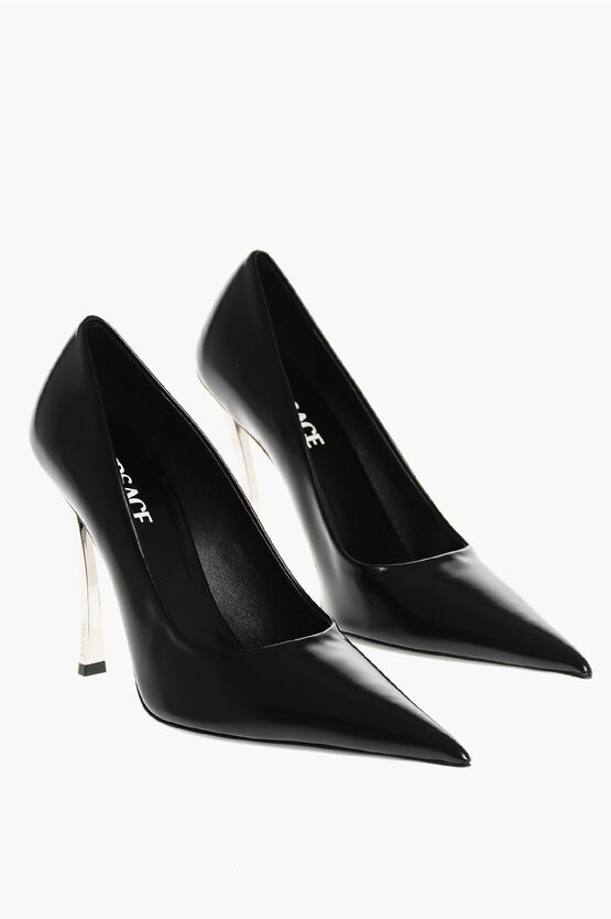 VERSACE LEATHER PUMPS WITH GEOMETRIC HEEL AND POINT TOE 12CM
