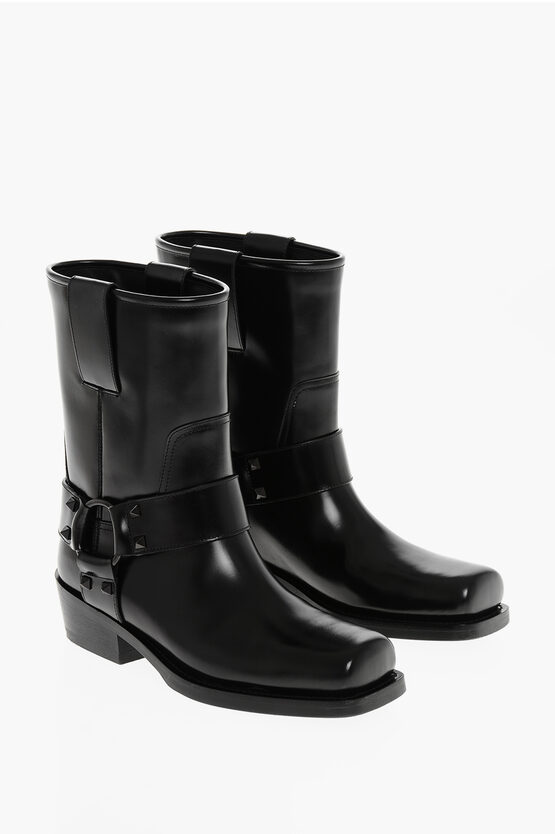 Valentino Leather Rockstud Biker Booties 4cm In Black