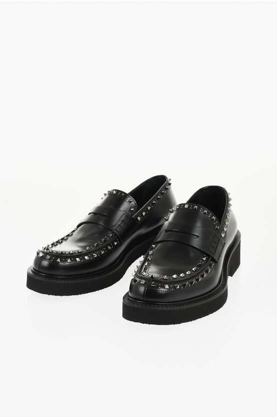Valentino Leather Rockstud Penny Loafers With Studs In Black