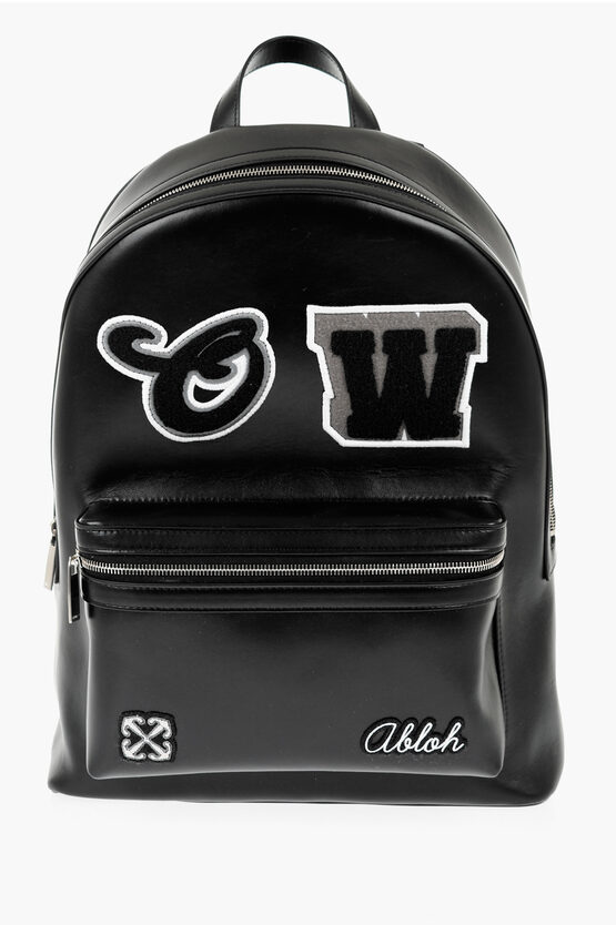 Off-white Leather Round Varsity Backpack With Patches