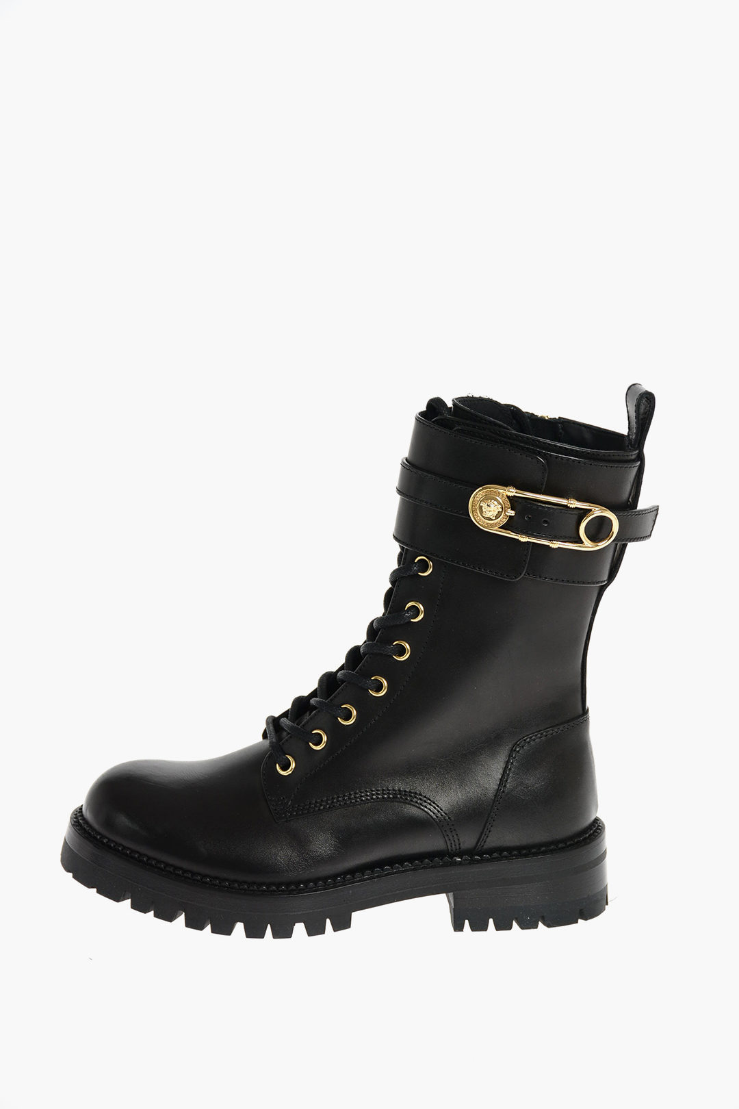 Versace Leather Safety Pin Combat Boots women - Glamood Outlet