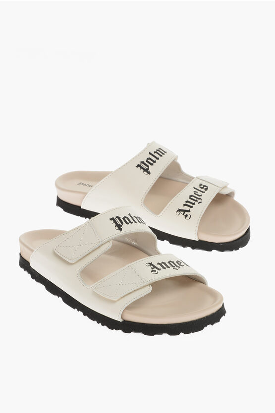 Palm Angels Leather Sandals With Logo Print And Stretch Closure In White