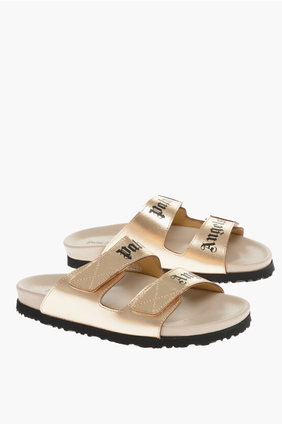 Shop Palm Angels Leather Sandals With Logo Print And Stretch Closure