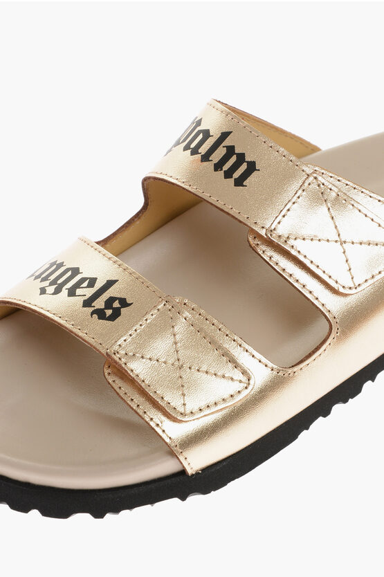 Leather Sandals With Logo Print And Stretch Closure