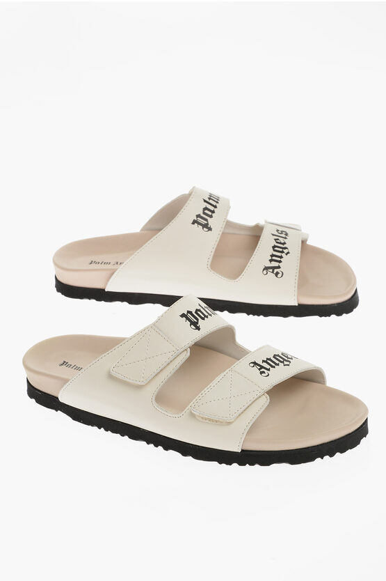 Shop Palm Angels Leather Sandals With Logo Print And Stretch Closure