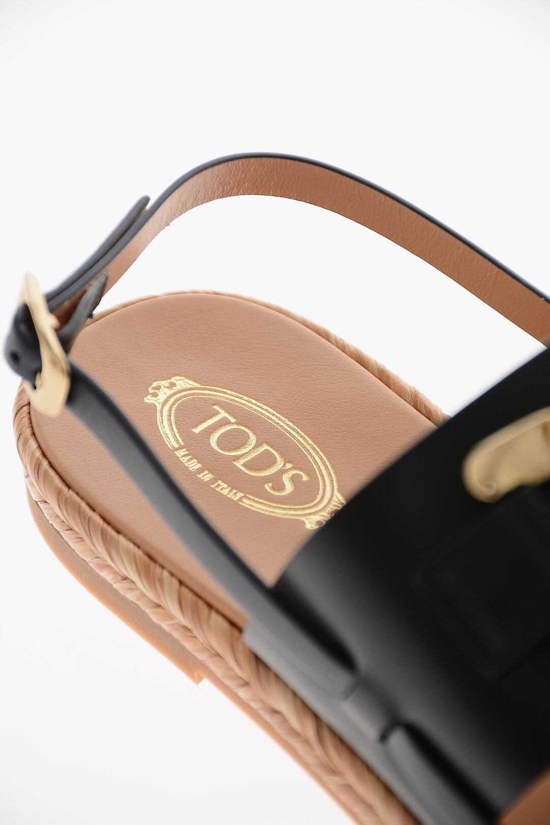 Tod's Leather Sandals with Raffia Sole and Chain Detail