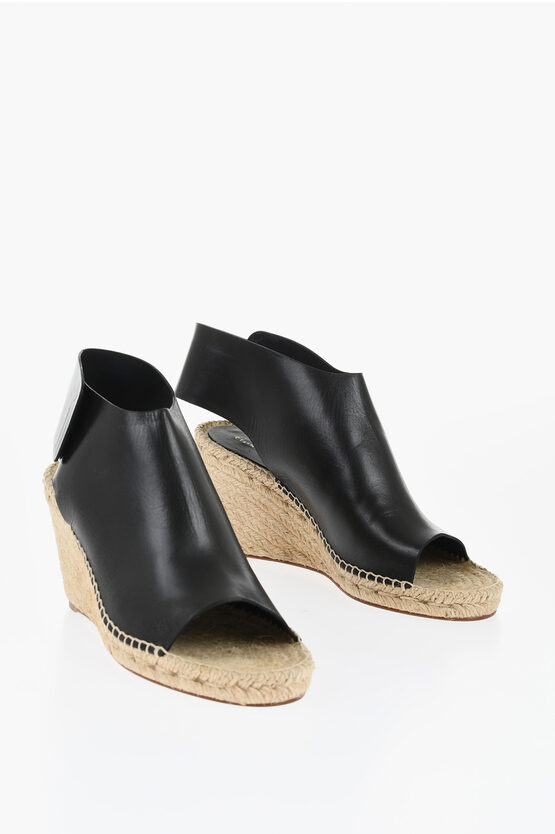 Celine Leather Sandals With Raffia Wedge 10cm In Black