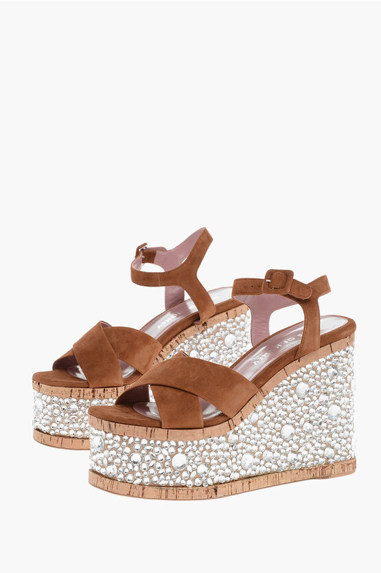 Haus Of Honey Leather Sandals With Rhinestones Embelished Wedge 13 Cm In Brown