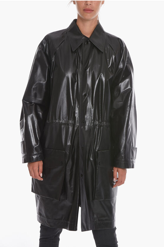Bottega Veneta Leather Shiny Coat With Drawstring In Black