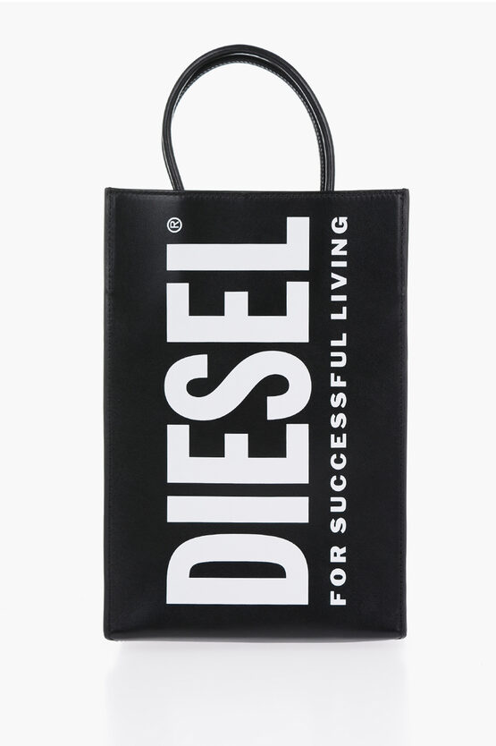 Shop Diesel Leather Shopping Bag With Logoed Shoulder Strap