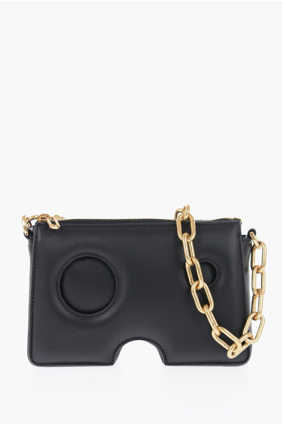Off-white Leather Shoulder Bag With Golden Chain In Black
