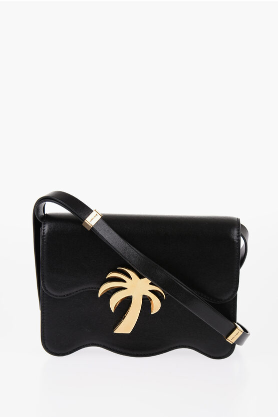Palm Angels Leather Shoulder Bag With Golden Logo In Black