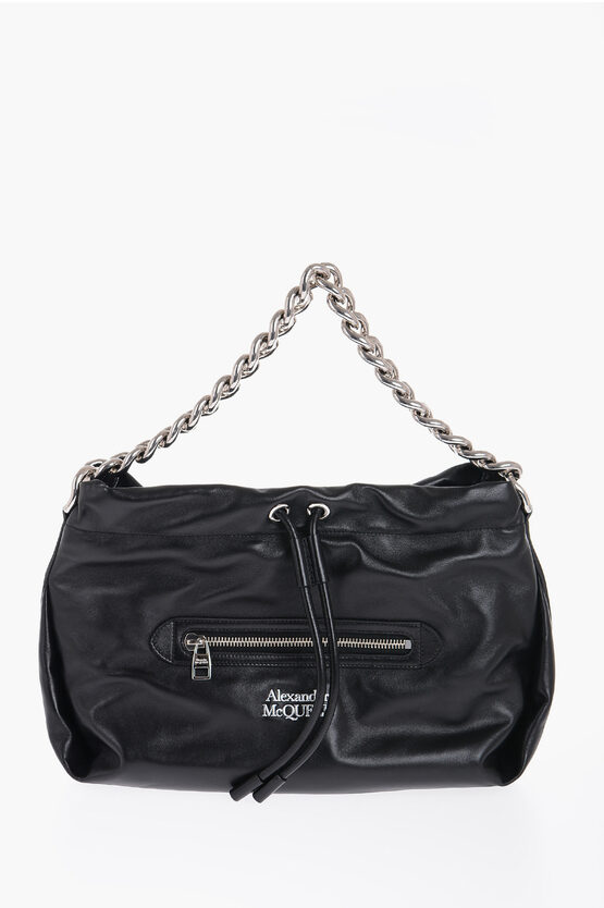 Alexander Mcqueen Leather Shoulder Bag With Silver Chain In Black