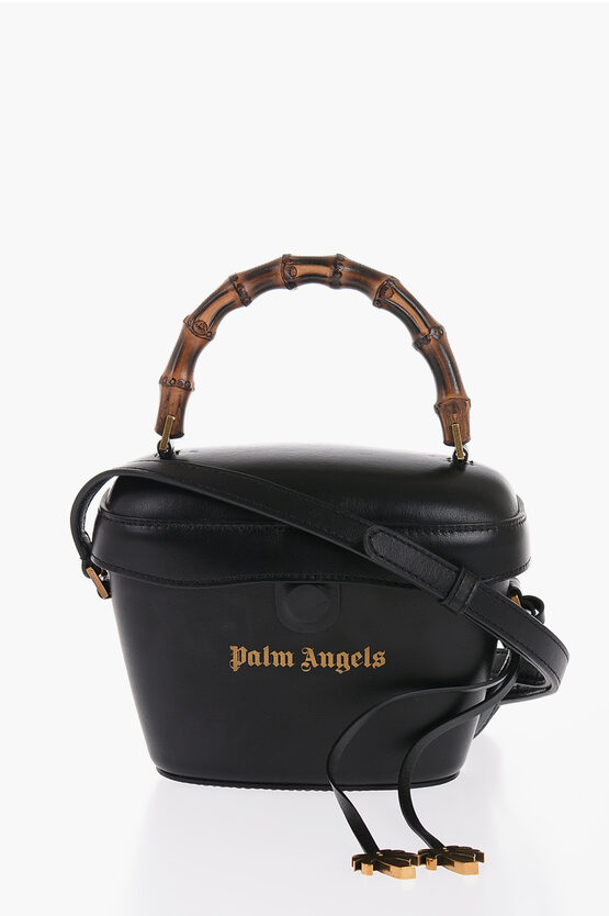 Palm Angels Leather Shoulder Bag With Wooden Handle In Black