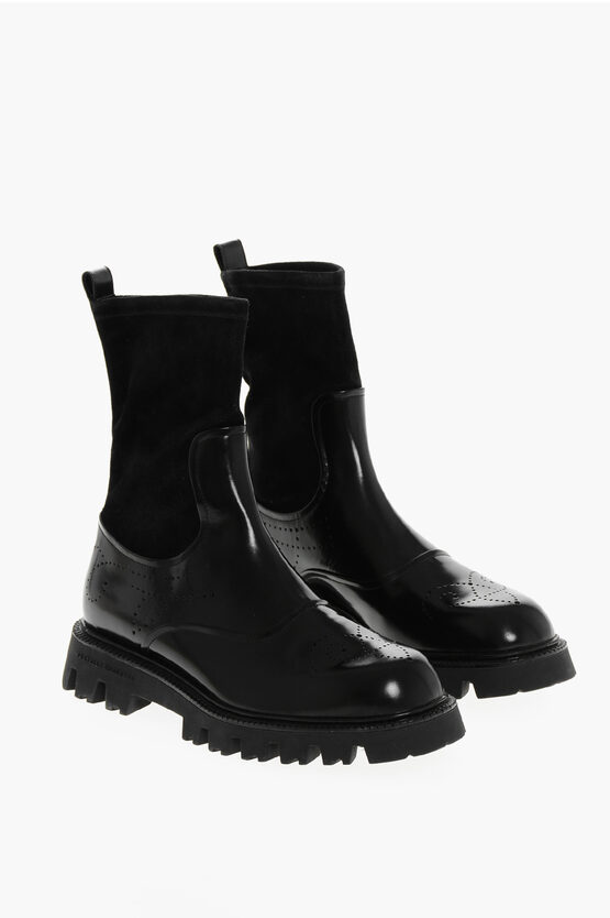 Fratelli Rossetti Leather Sidney Brogue Booties With Suede Sock Detail In Black