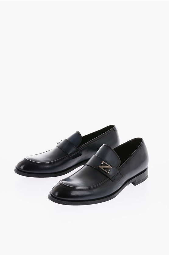 Ermenegildo Zegna Leather Siena Flex Loafers With Silver Monogram In Black
