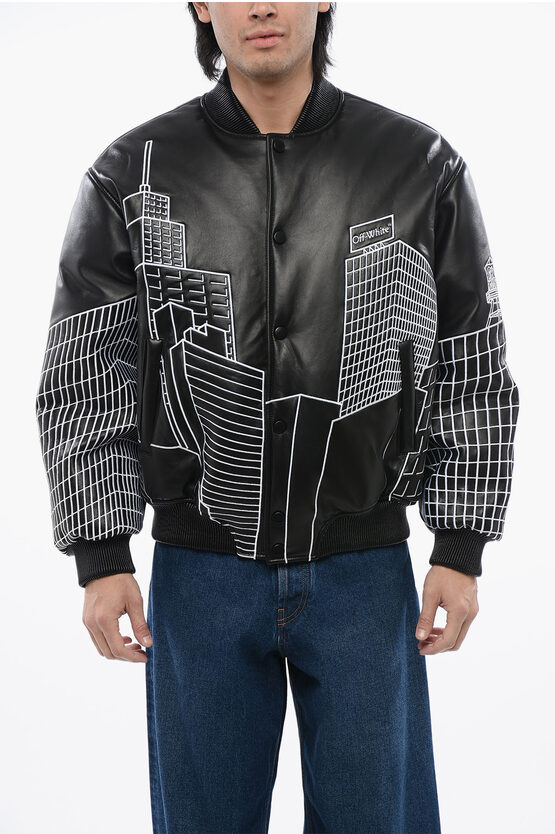 Off-white Leather Skyline Varsity Bomber