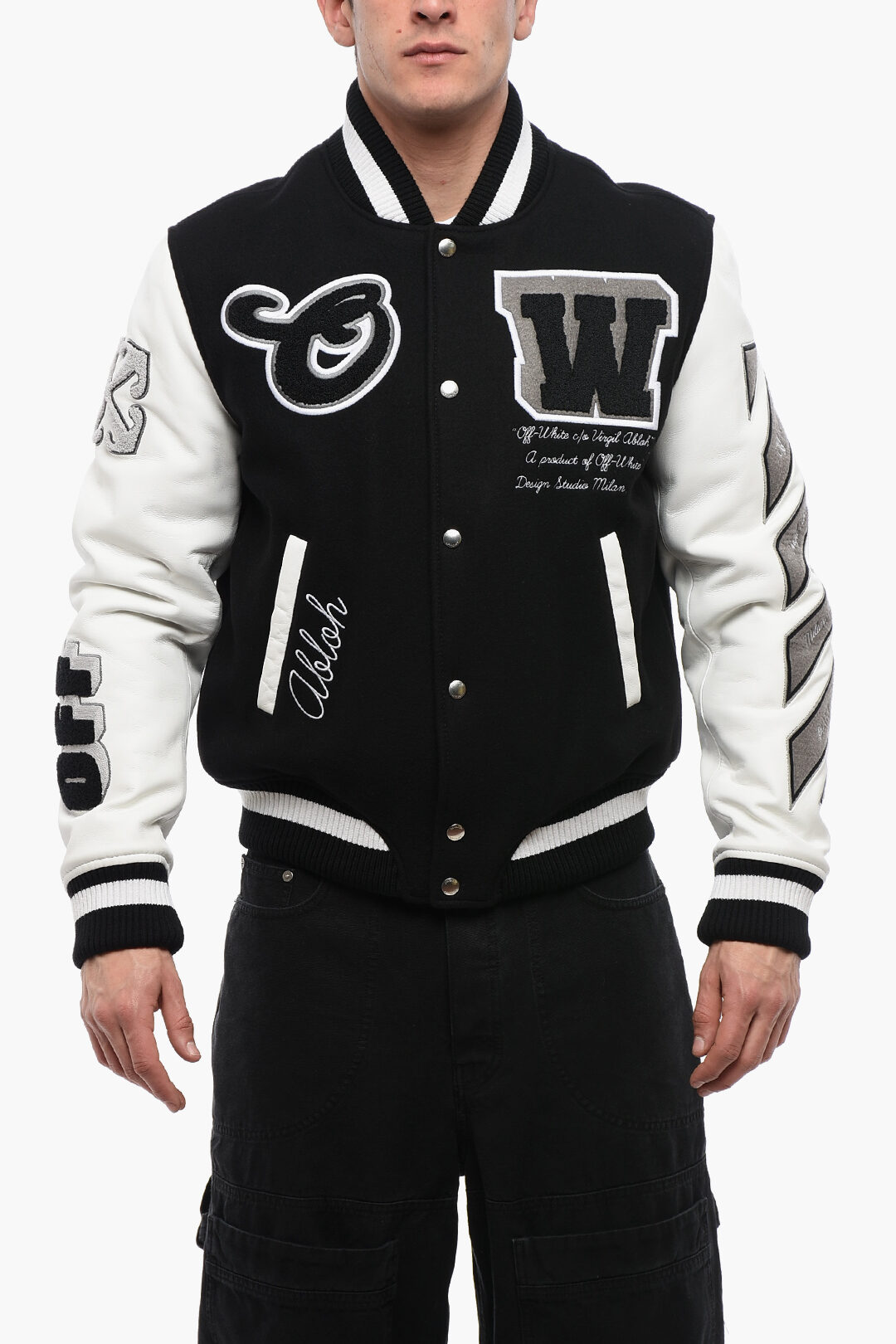 新品 off-white leather wool varsity jacket（Off-White