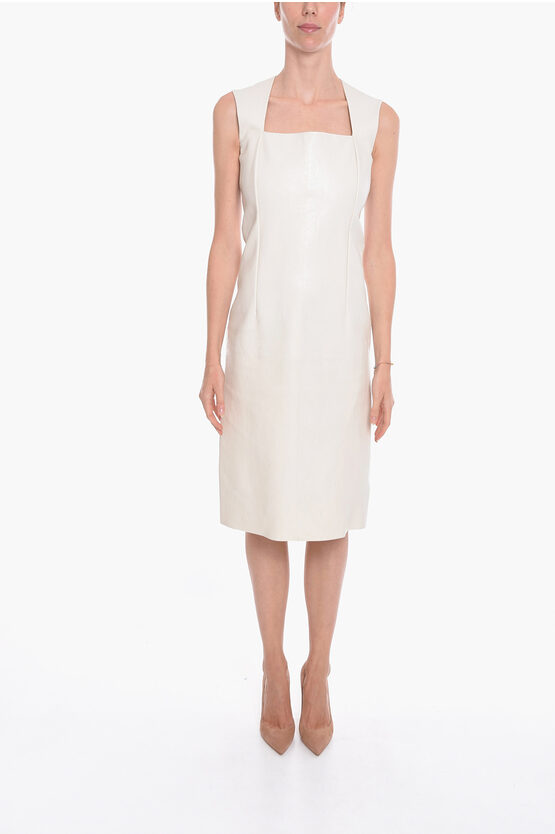 Bottega Veneta Leather Sleeveless Midi Dress With Squared Neckline In White