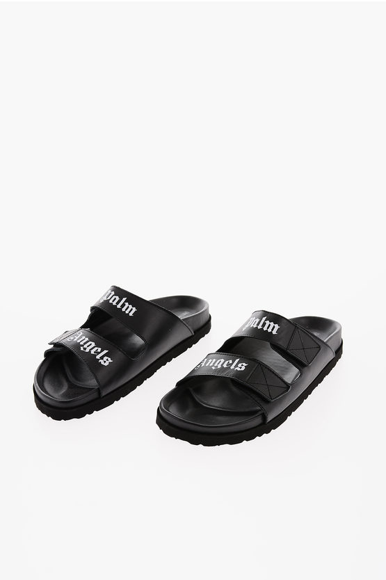 Palm Angels Leather Sliders With Touch Strap Closure And Lettering Logo