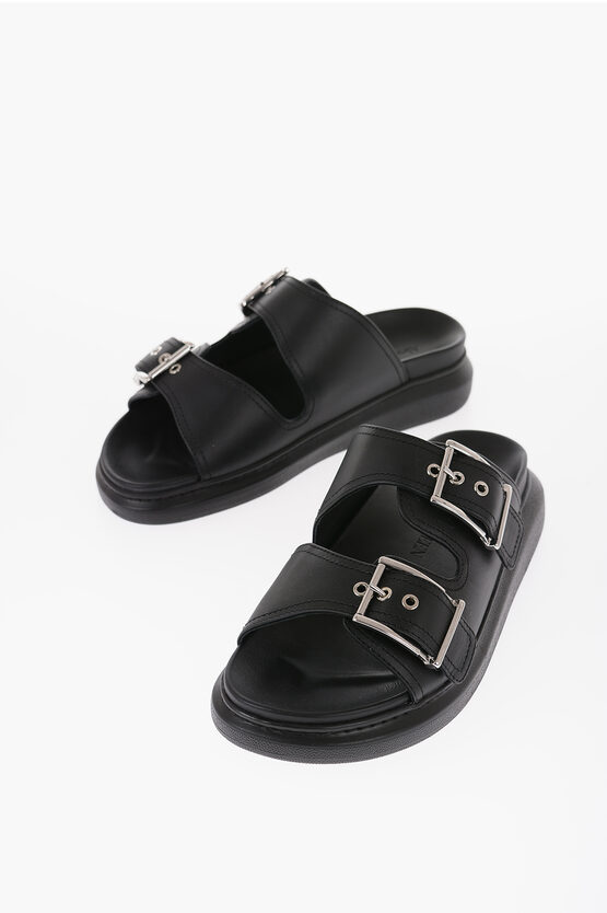 Alexander Mcqueen Leather Slides With Buckles In Black