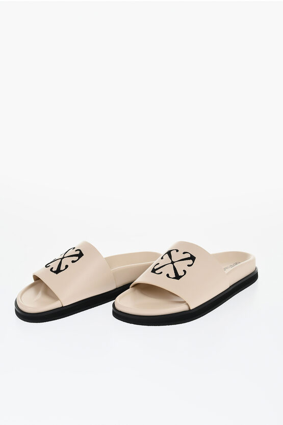 Off-white Leather Slides With Embroidered Logo