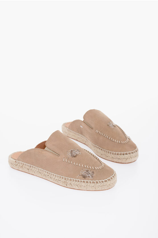 Shop Maison Margiela Leather Slides With Stitching Detail And Espadrillas Soles
