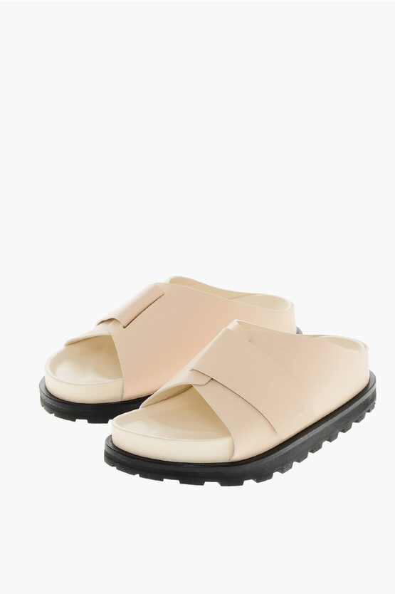 Jil Sander Leather Slides With Strap Closure In Neutral