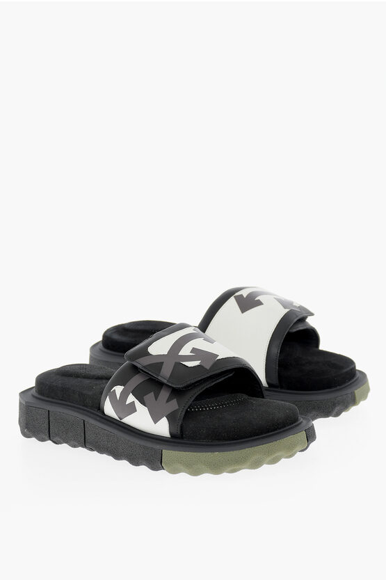 Off-white Leather Slides With Touch Strap Closure In Black