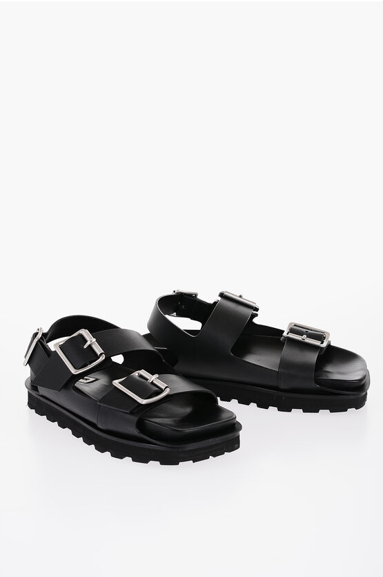 Jil Sander Leather Slingback Sandals With Double Buckle In Black