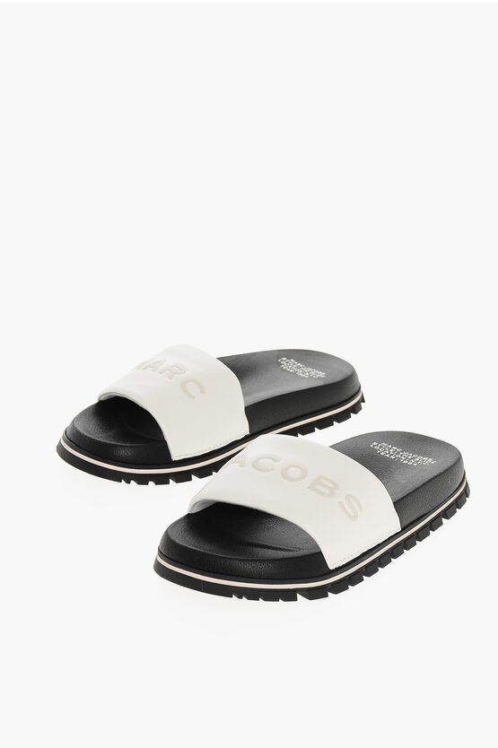 Marc Jacobs Leather The Slide Slides With Embossed Logo In White