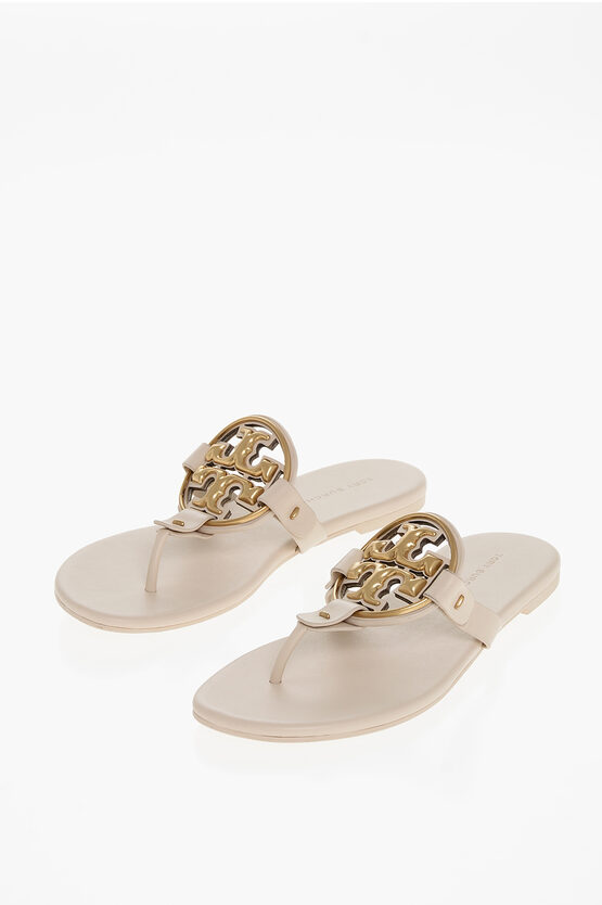 Tory Burch Leather Thong Sandals With Front Logo In White