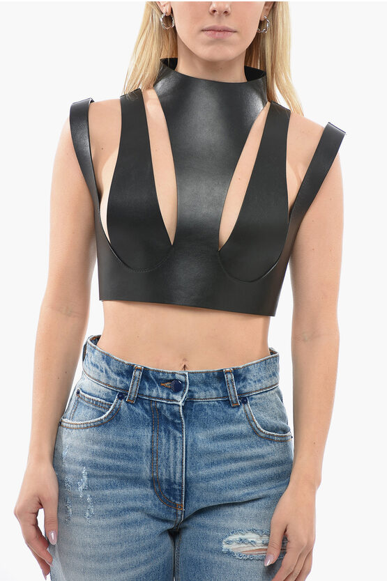 Shop Balmain Leather Top With Cutouts