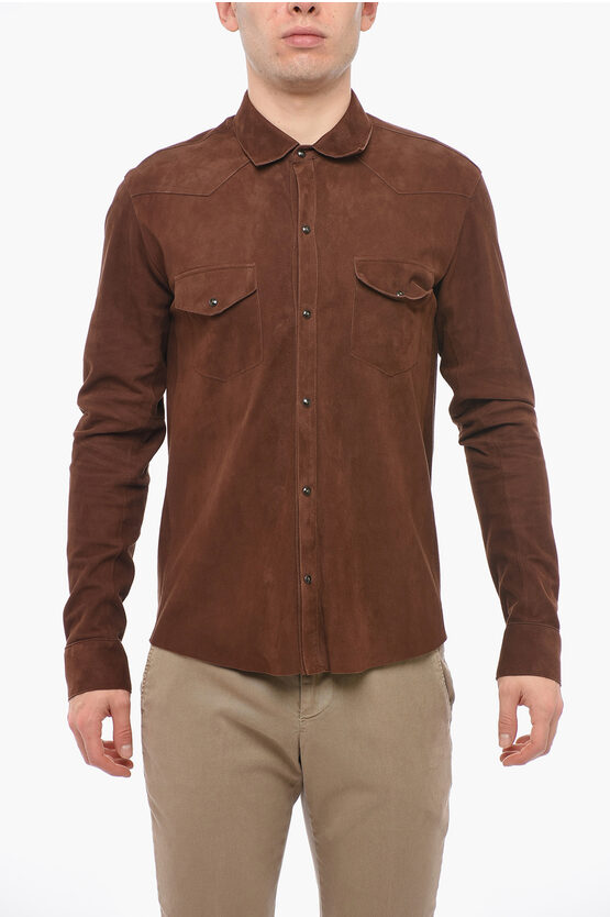 Tagliatore Leather Unlined Shirt With Double Chest Pocket In Brown