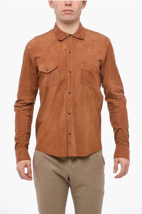 Tagliatore Spread-collar Leather Shirt In Brown
