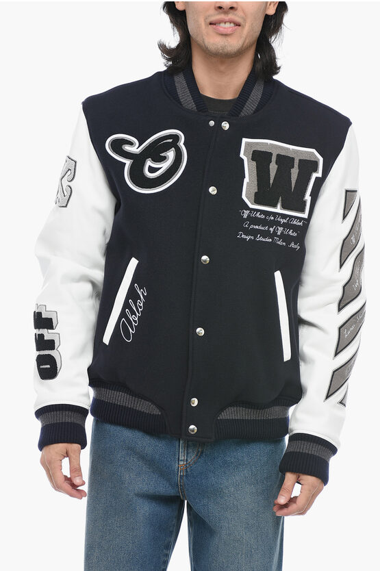 Shop Off-white Leather Varsity Bomber With Patchwork