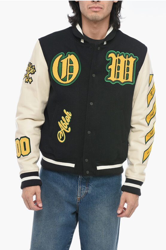 Shop Off-white Leather Varsity Bomber With Patchwork