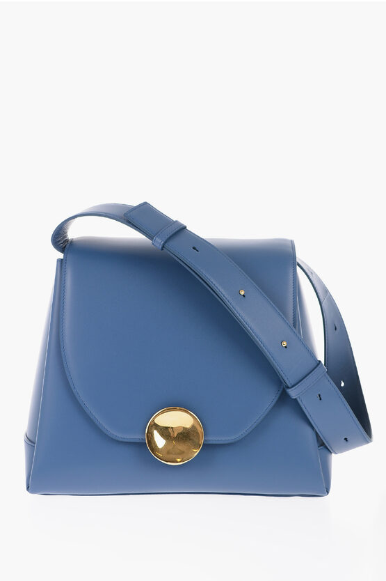 Jil Sander Leather Victor Shoulder Bag With Golden Plaque In Blue