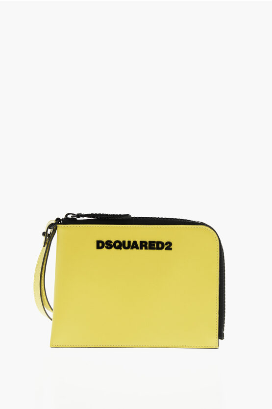 Dsquared2 Leather Wallet With Neck Strap In Yellow