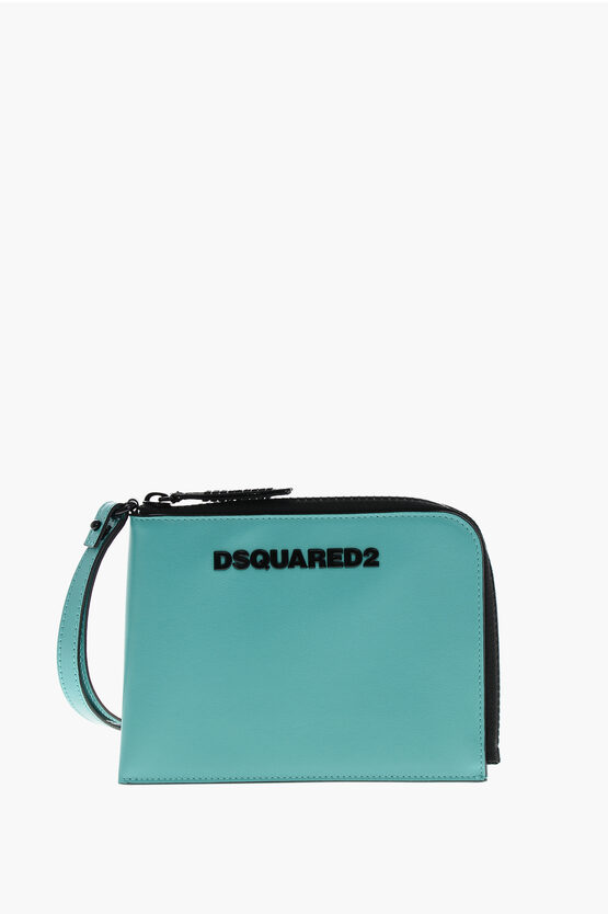 Dsquared2 Leather Wallet With Neck Strap In Blue
