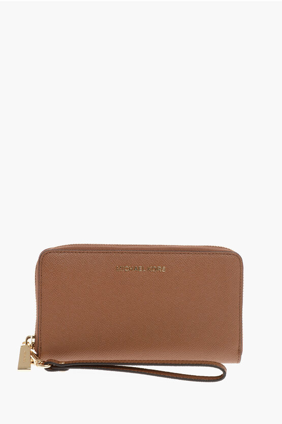Michael Kors Leather Wallet With Zip Closure In Brown