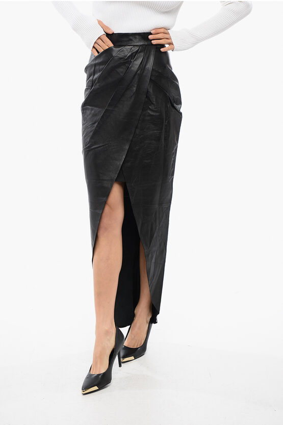 Balmain Leather Wrapped Midi Skirt In Black