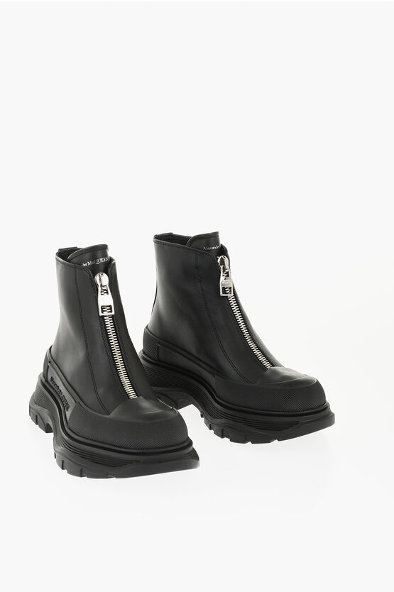 Alexander Mcqueen Leather Zip-up Booties With Chunky Sole In Black