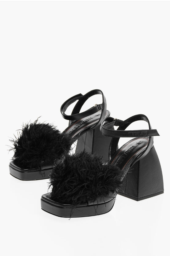Nodaleto Leathet Bulla Ankle Strap Sandals With Feather Embellishment In Black