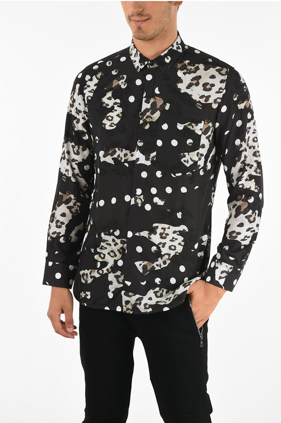 Neil Barrett Leopard Insert Polka Dot Slim Fit Shirt In Black