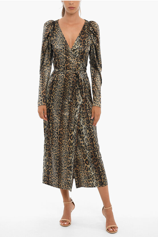 Rotate Birger Christensen Leopard Print Long Sleeved Wallet Maxi Dress In Animal Print