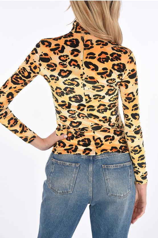 Women's Turtleneck Long-Sleeve Leopard Print Top with Slim