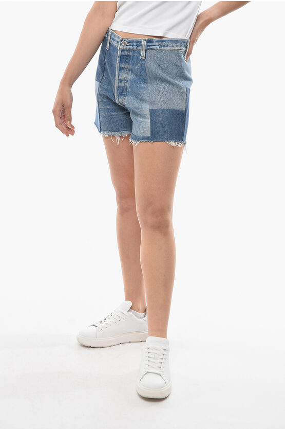 Re/done Levi's Denim Patchwork Shorts With Frayed Hem In Blue