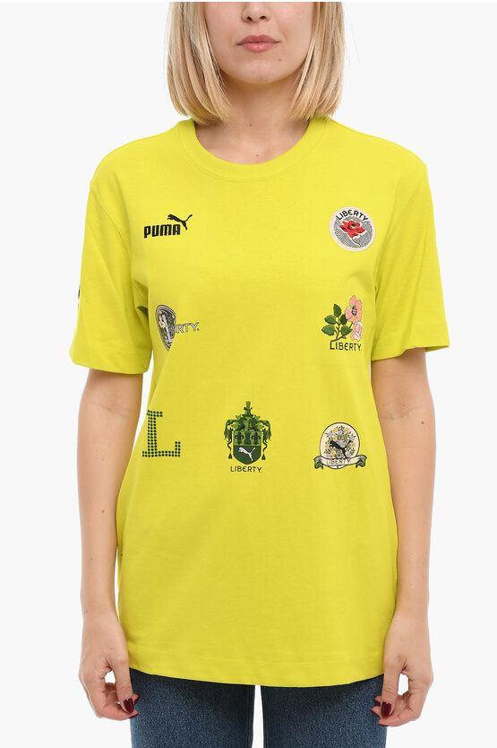 Puma Liberty Crew-neck T-shirt Decorated With Embroideries And Pr In Yellow