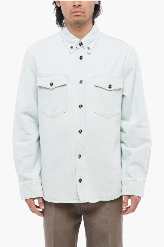 Shop Versace Light Wash Denim Shirt With Logoed Buttons